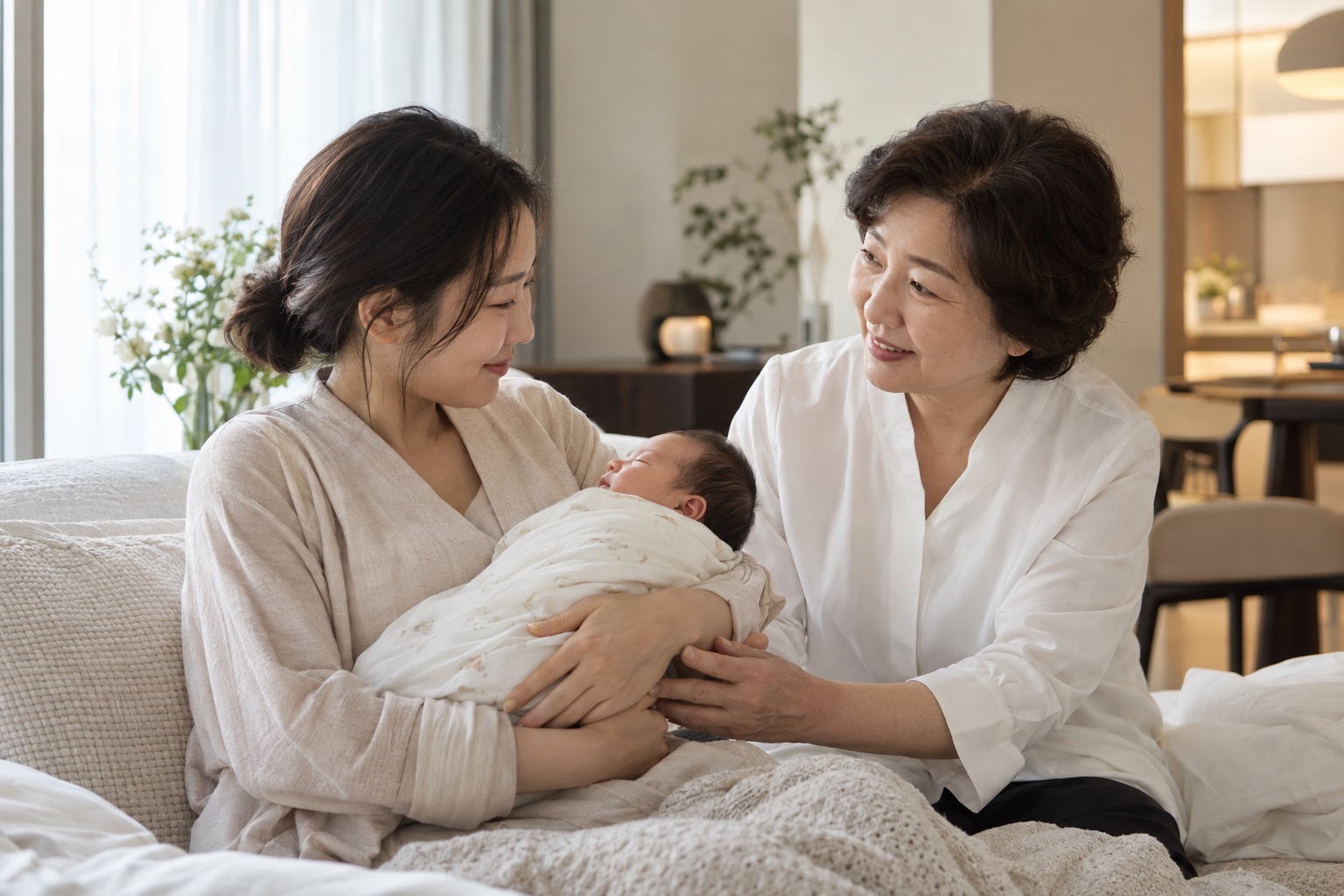 산후관리사가 엄마와 아기 곁에서 다정하게 돌봄을 돕는 모습
